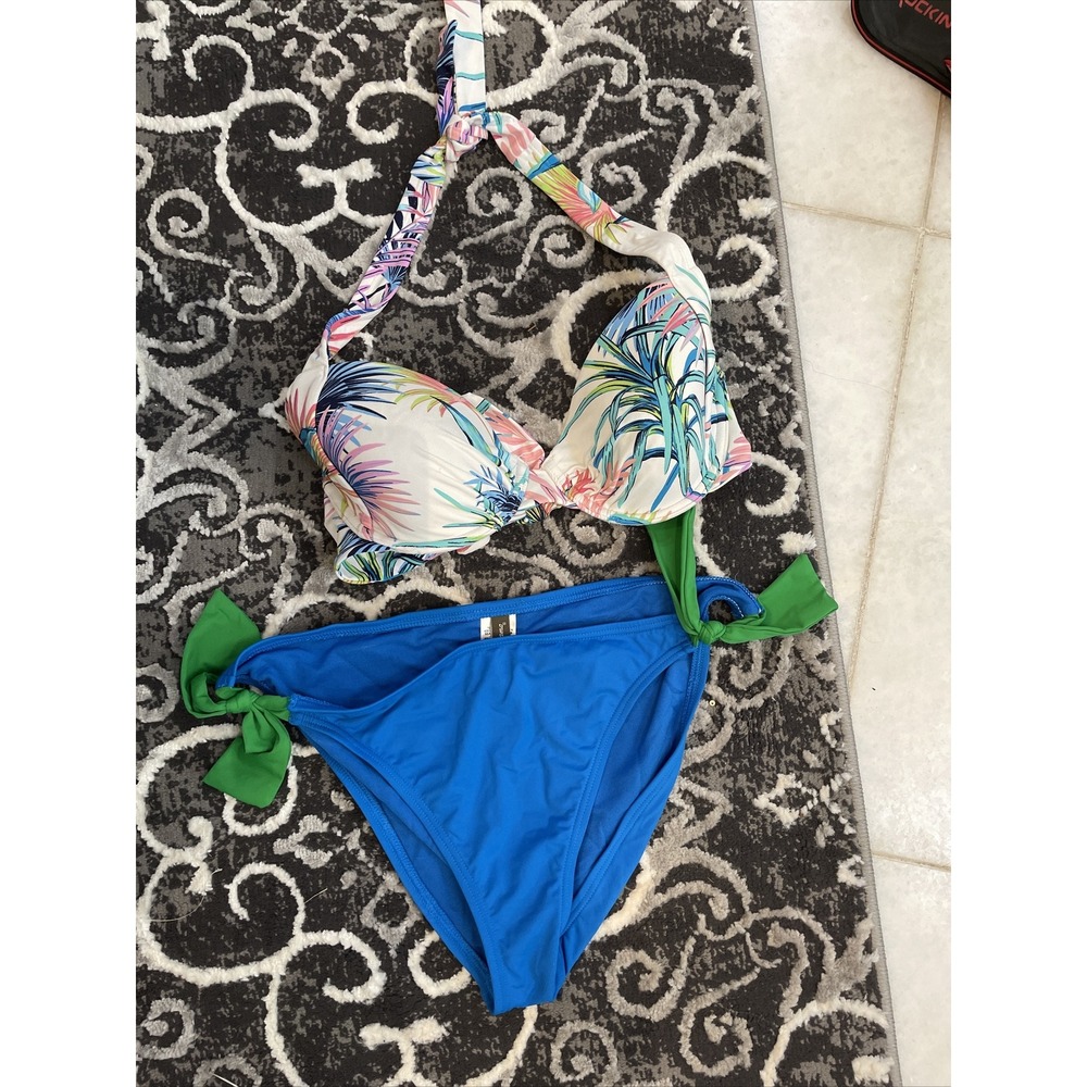 Tommy Bahama 2 Pc Swimsuit Blue White Floral Halter 34D Top Bottom Large L